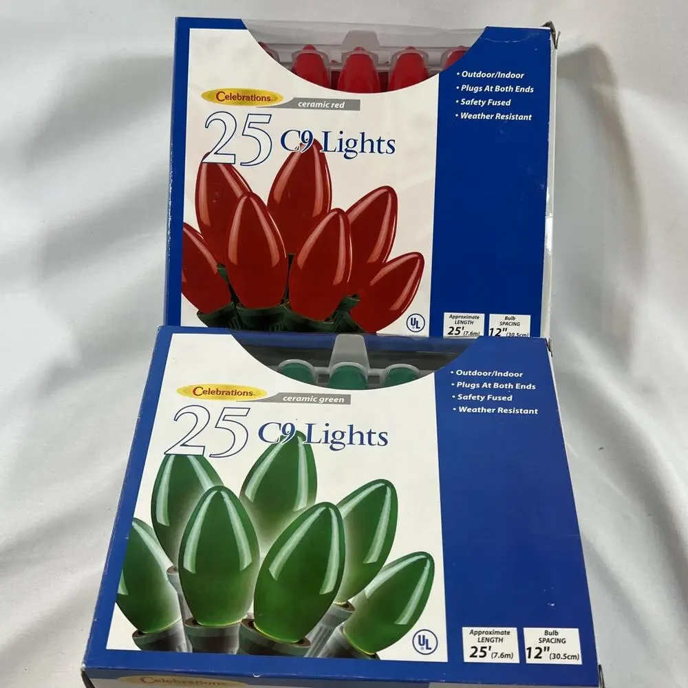 Vintage NEW C9 String Lights Green & Red Incandescent Ceramic Bulbs Ace Hardware